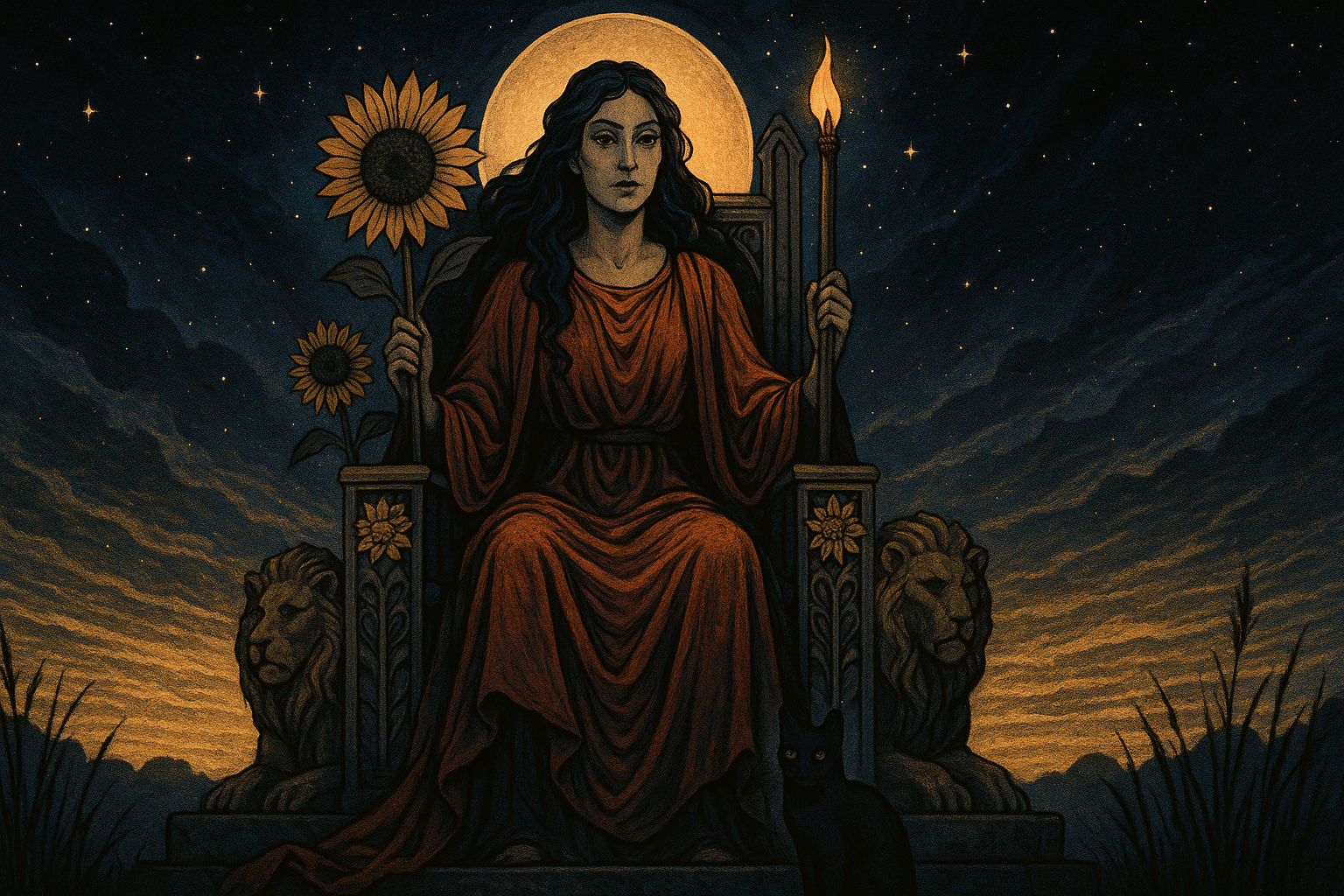Queen of Wands tarot card showing a confident woman on a throne holding a sunflower and wand