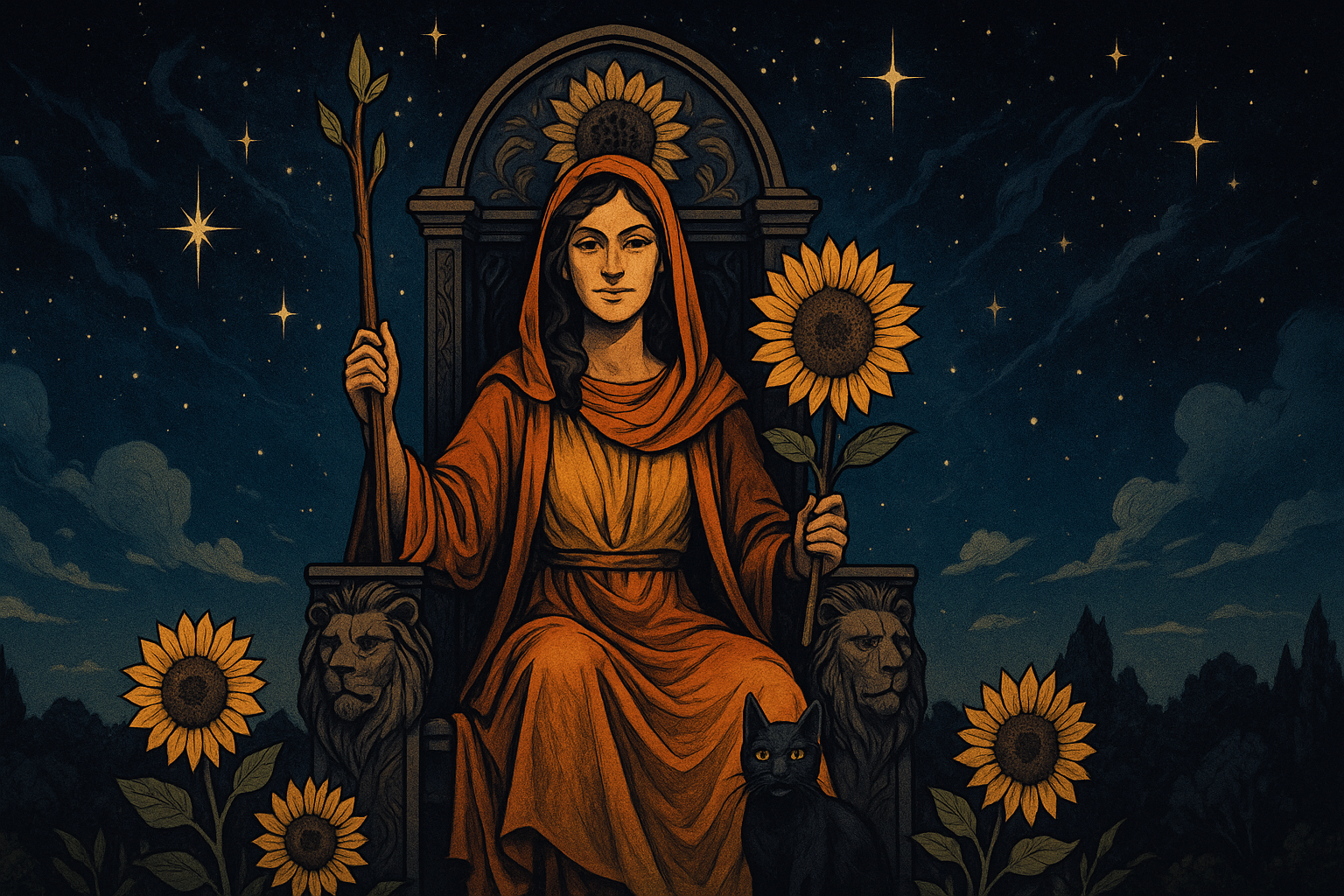 A regal woman in flowing orange robes sitting confidently on a golden throne, holding a sunflower, with a black cat at her feet