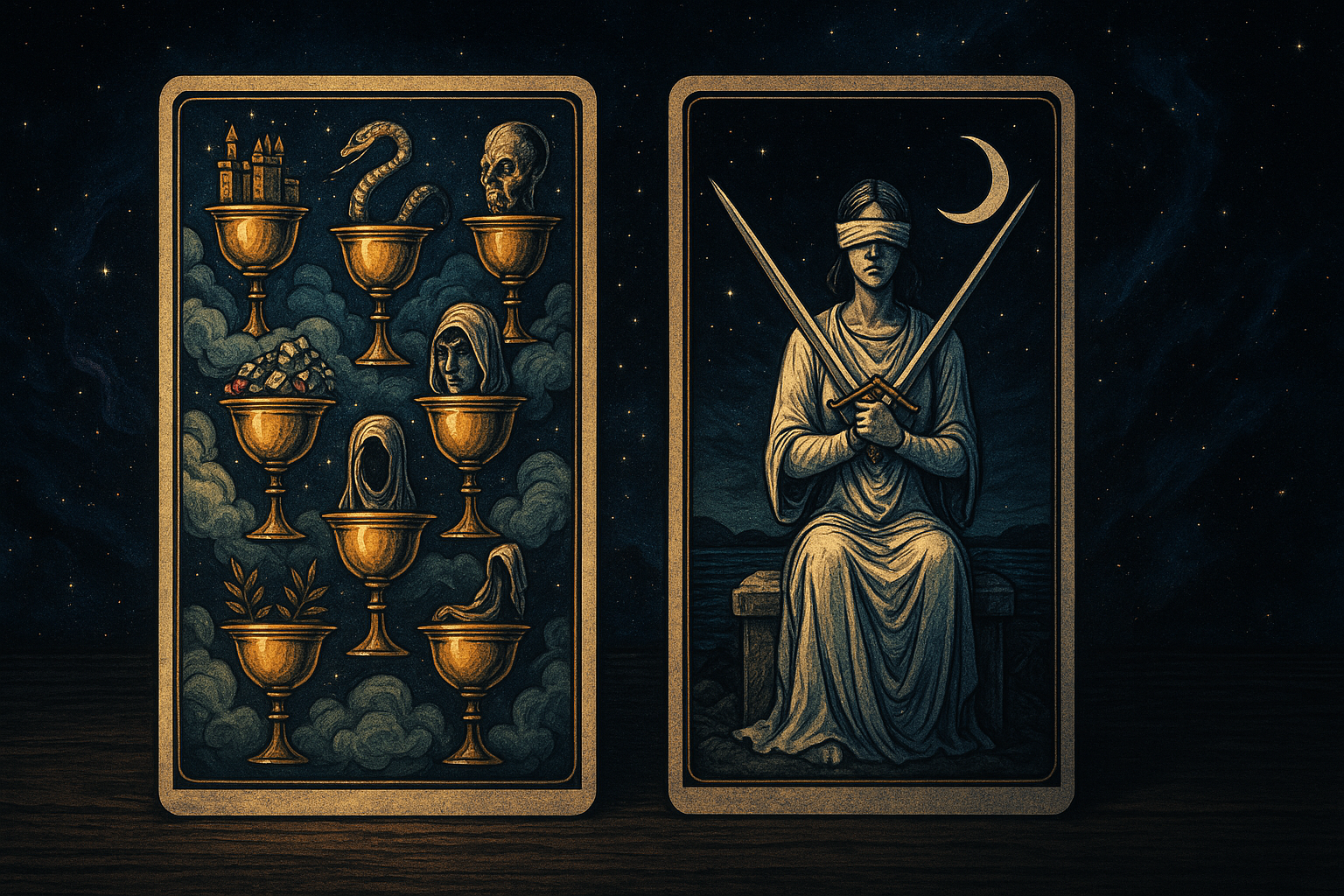Two tarot cards side by side showing the Seven of Cups with floating chalices and illusions, next to the Two of Swords with a blindfolded figure holding crossed swords
