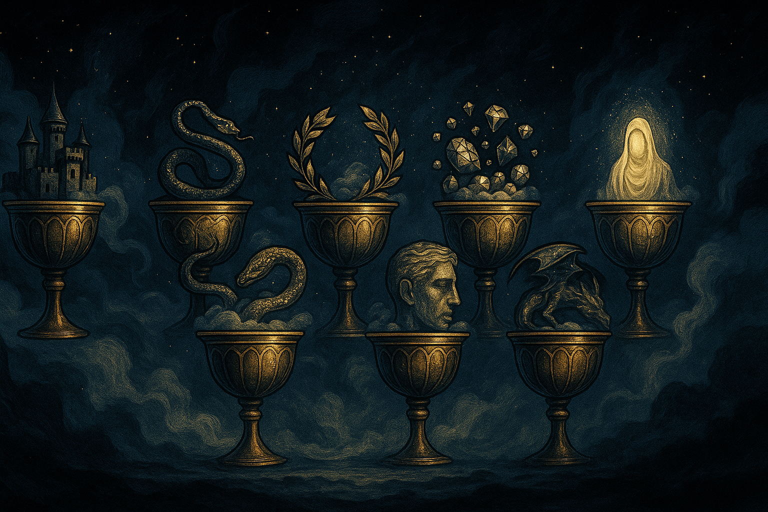 Seven ornate chalices floating in clouds with various mystical symbols emerging from each cup, representing emotional confusion and fantasy
