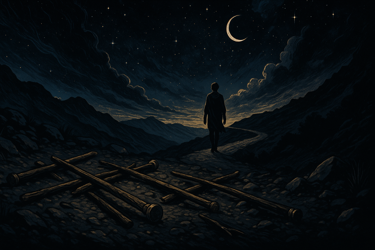 Seven wooden wands or staffs lying scattered and broken on rocky ground, with one person walking away in the distance