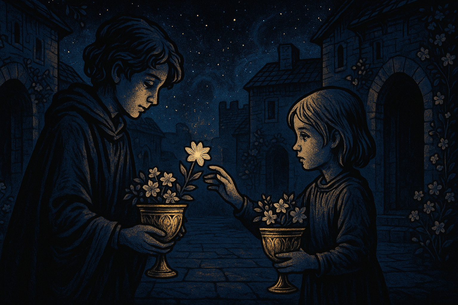 Six of cups tarot card showing children exchanging flowers in a village courtyard with nostalgia and memory themes