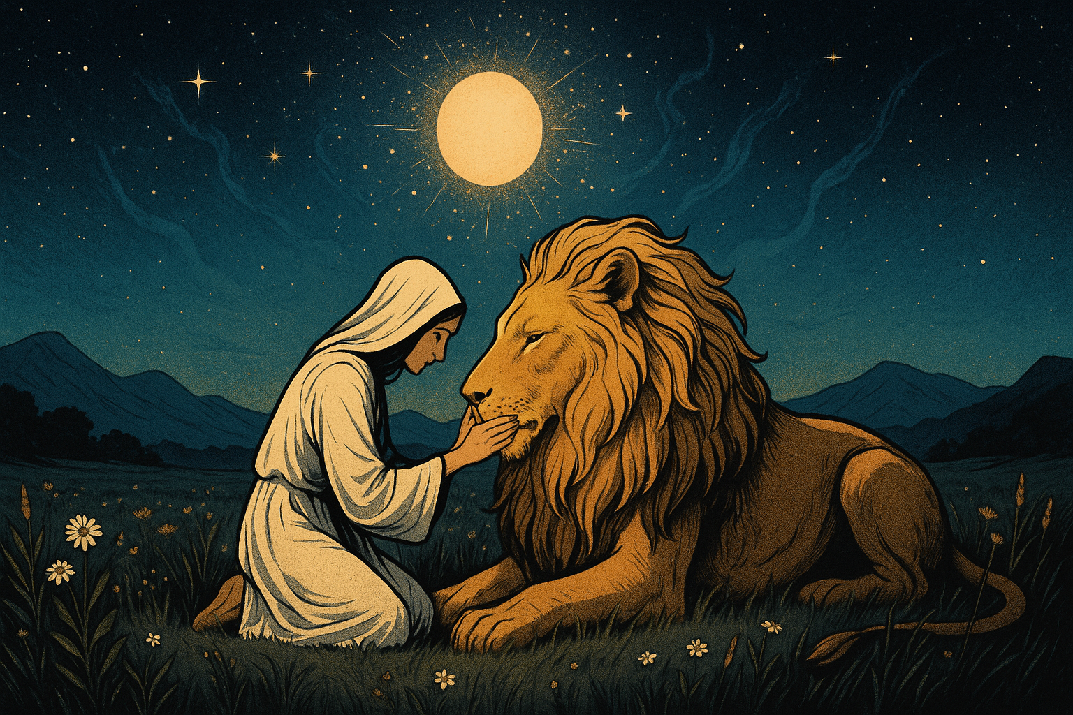 A person gently closing the mouth of a lion with their bare hands, showing calm confidence rather than force