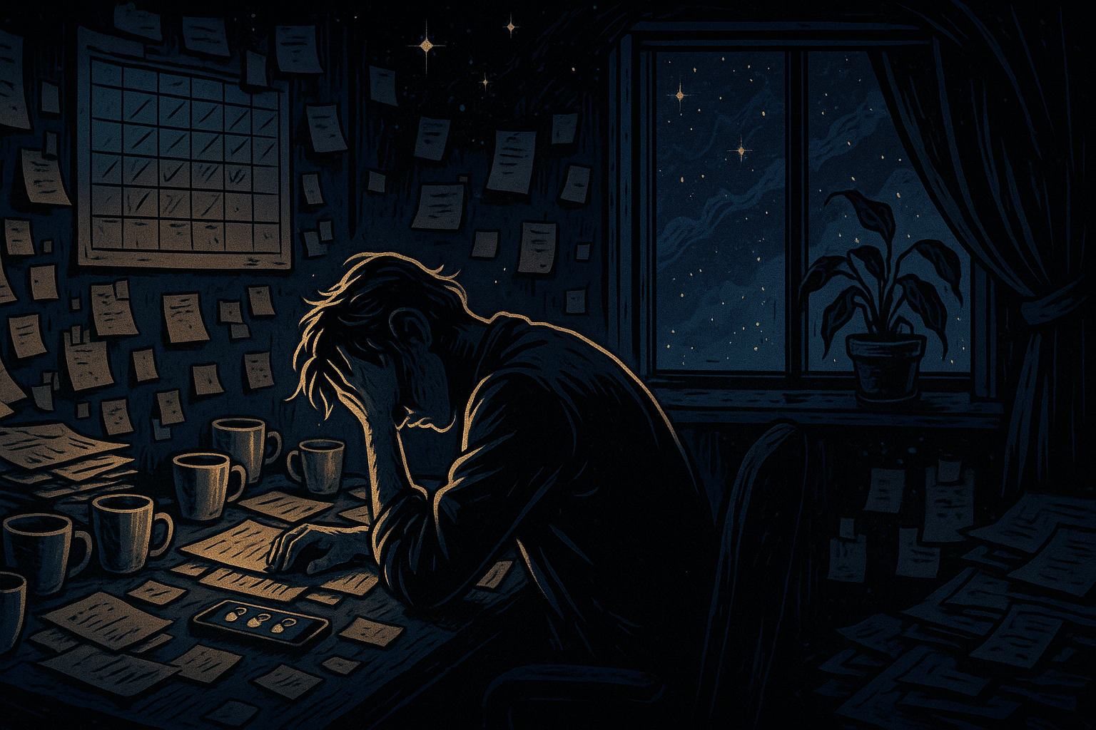 A tired woman sitting at a desk surrounded by empty coffee cups and crumpled papers, looking exhausted