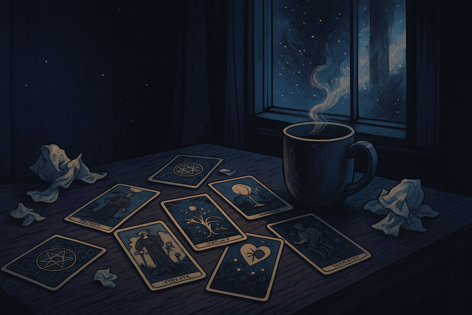Scattered tarot cards on a wooden table next to a cold cup of coffee and crumpled tissues