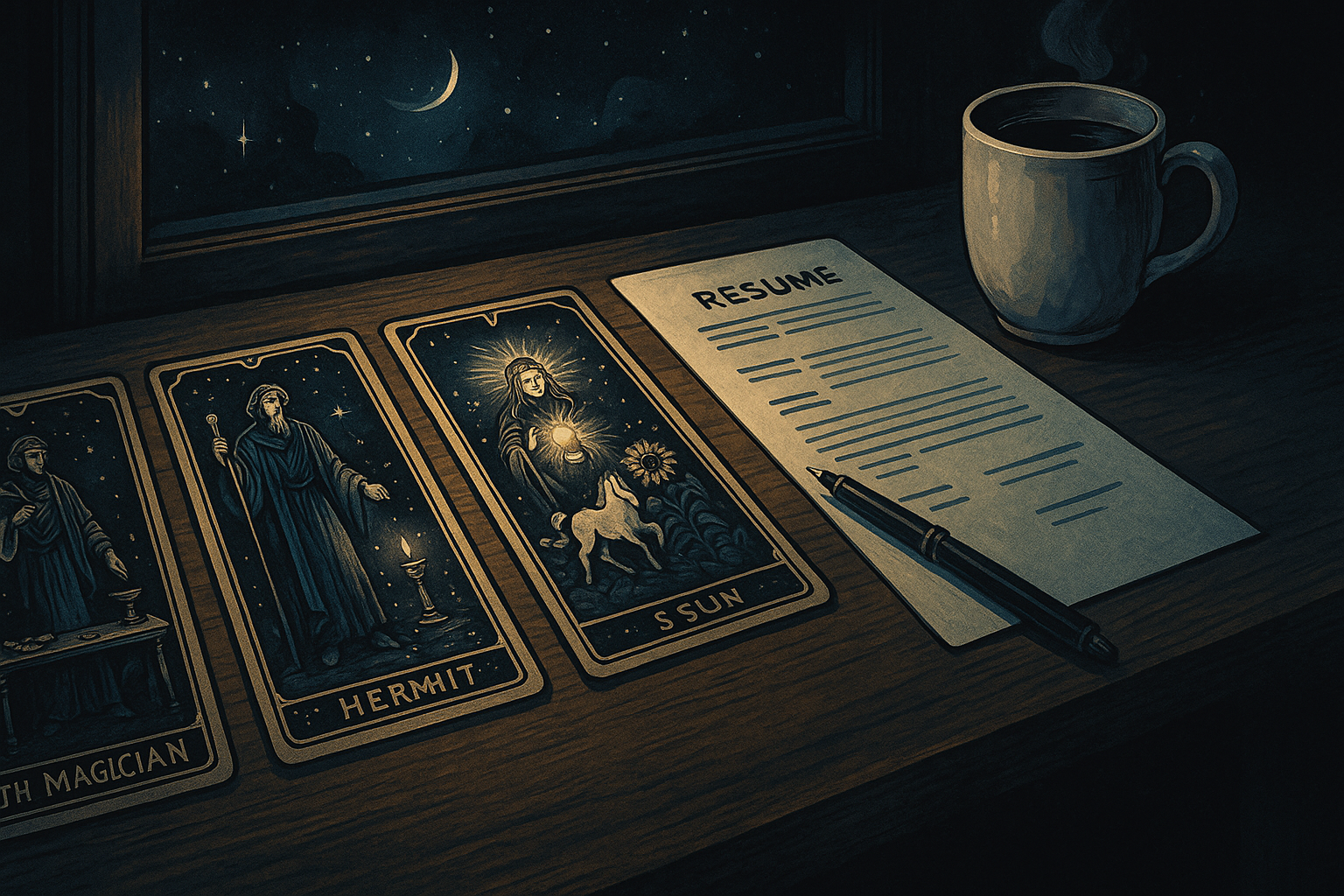 Three tarot cards laid out on a desk next to a resume and coffee cup, representing preparation for a job interview