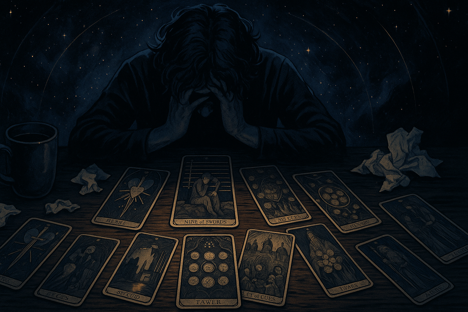 Scattered tarot cards on a wooden table with a person's hands visible, showing Nine of Swords and Ten of Swords among other cards