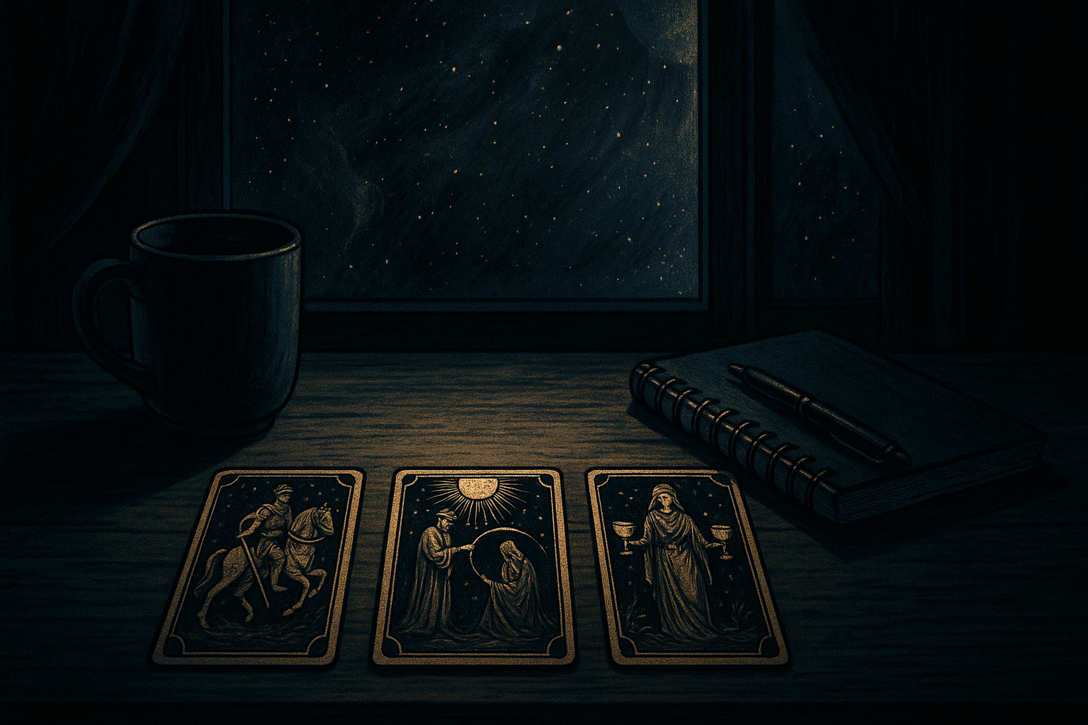 Three tarot cards laid out on a wooden table next to a closed notebook and pen, suggesting preparation for an important conversation
