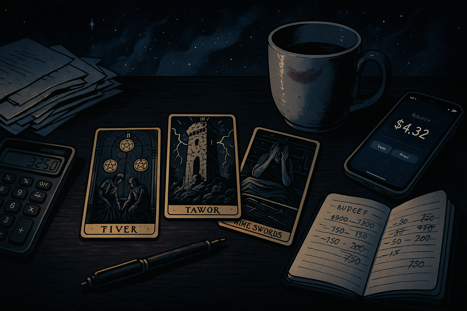 Tarot cards spread on a wooden table next to bills, a calculator, and a coffee cup showing financial stress and seeking guidance