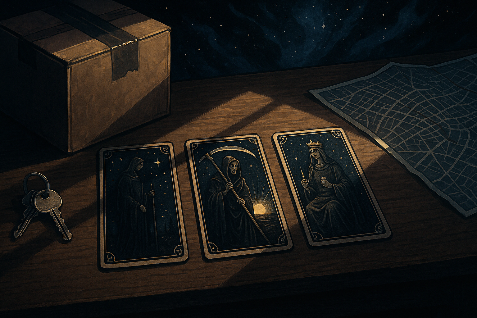 Three tarot cards laid out on a wooden table next to a moving box, apartment keys, and a city map