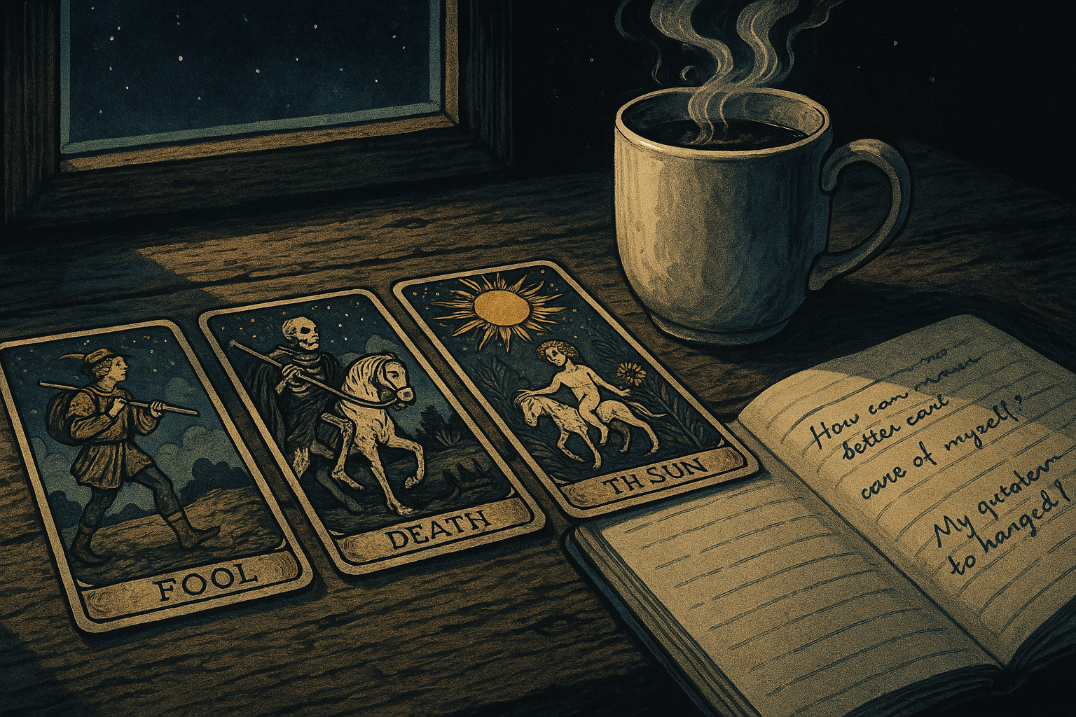 Three tarot cards laid out on a wooden table next to a cup of coffee and a notebook with handwritten questions