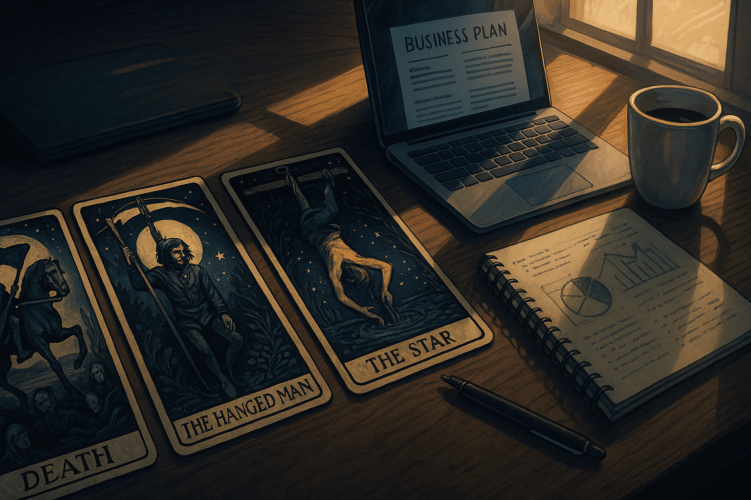 Three tarot cards spread on a wooden desk next to a laptop, notebook with business plans, and coffee cup