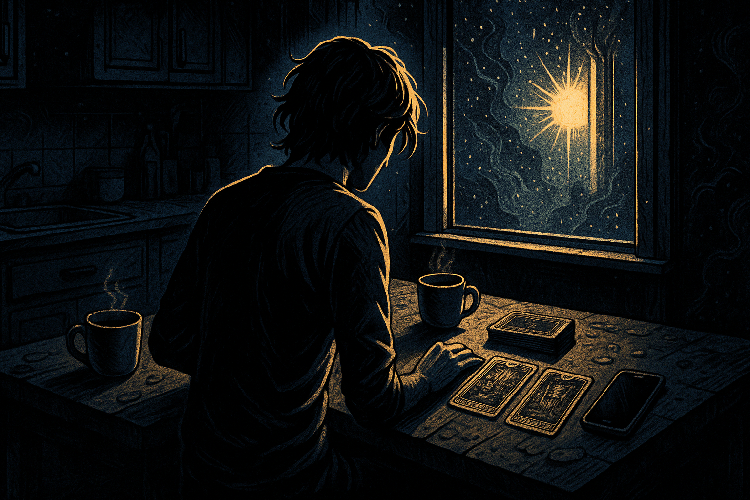 Person sitting at a kitchen table holding tarot cards while looking anxiously at their phone
