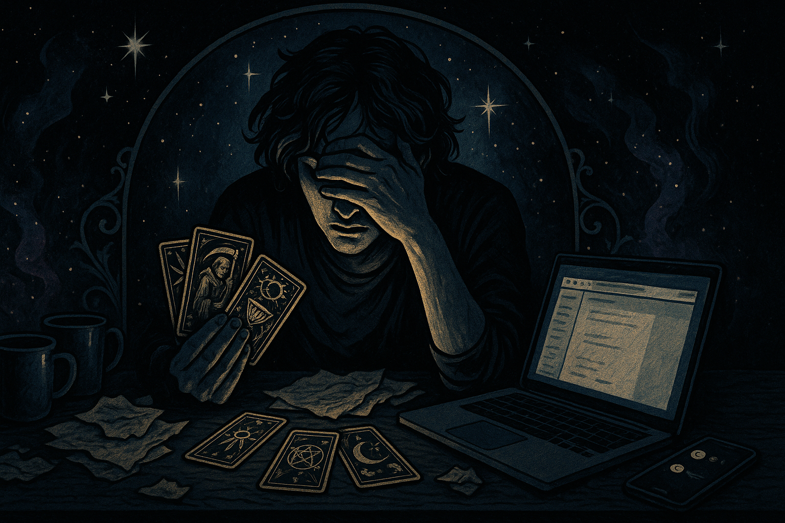 Exhausted person holding tarot cards with empty coffee cups and laptop on messy desk