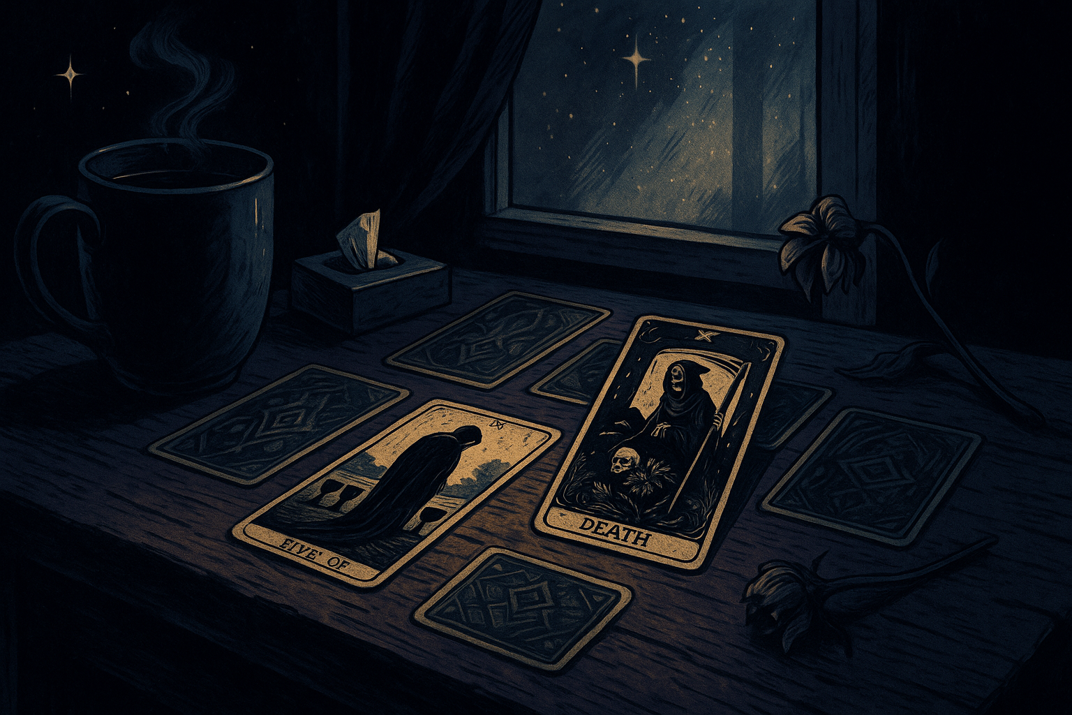 Tarot cards scattered on a wooden table next to a cup of tea and tissues, with soft natural lighting from a window