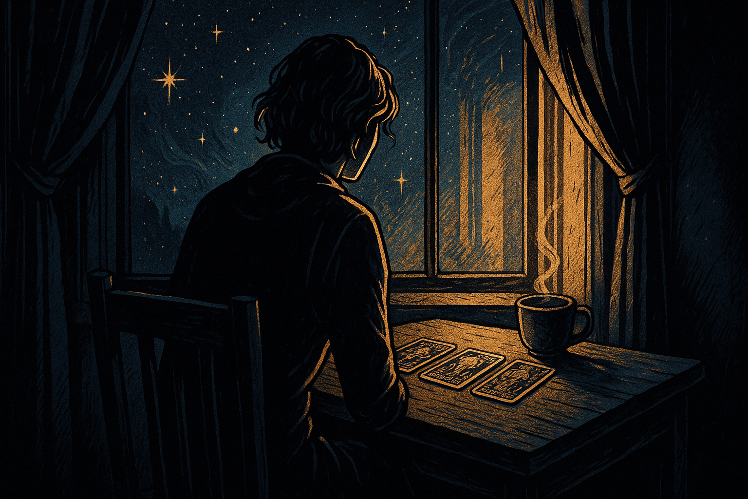 Person sitting alone at a small table with tarot cards spread out, soft evening light coming through a window