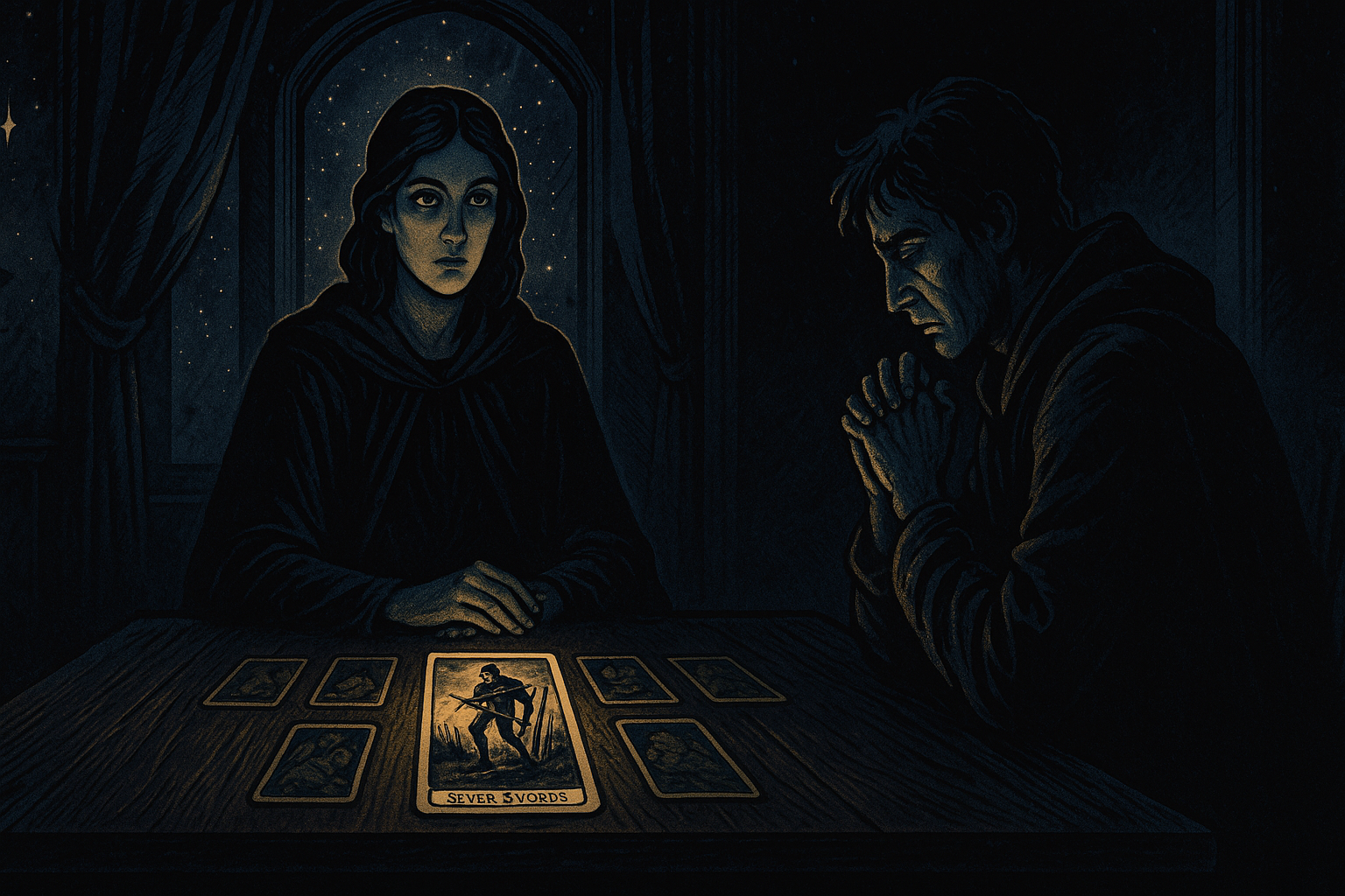 Seven of Swords tarot card showing a figure sneaking away with stolen swords under a twilight sky