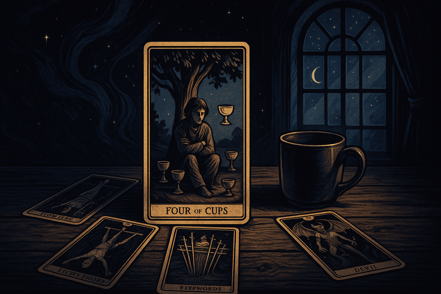 Tarot cards scattered on a wooden table with the Four of Cups prominently displayed, showing a figure sitting with arms crossed looking away from offered cups