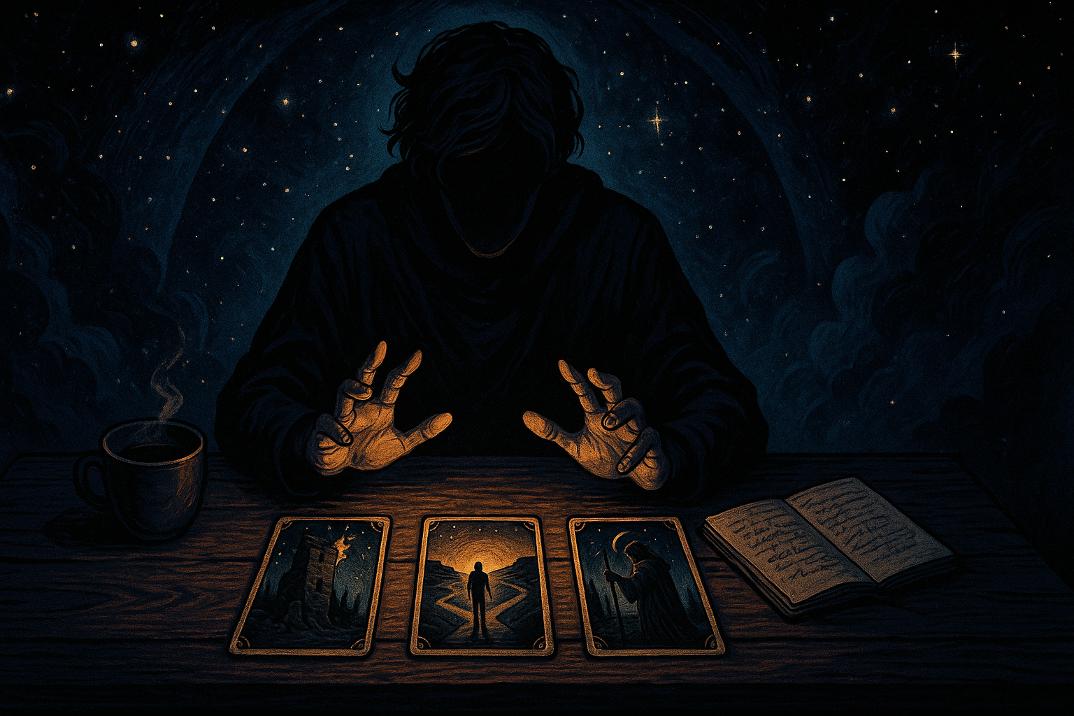 Three tarot cards laid out on a wooden table with a person's hands hesitating between them, representing difficulty making decisions