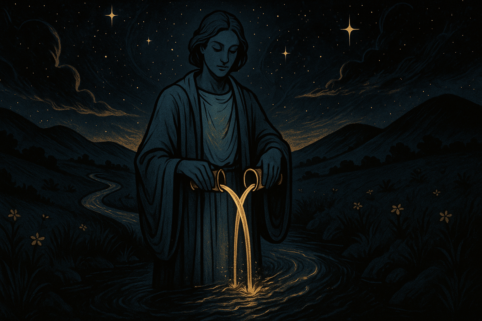 A serene figure in flowing robes stands by a stream, pouring water between two cups, representing the Temperance card as a person