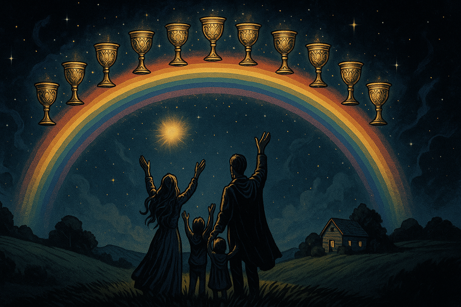 Ten colorful cups arranged in an arc beneath a rainbow with a happy family celebrating in the background