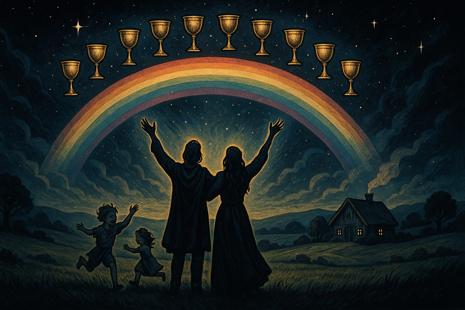 Ten of Cups tarot card showing a happy family under a rainbow arc of ten cups in the sky