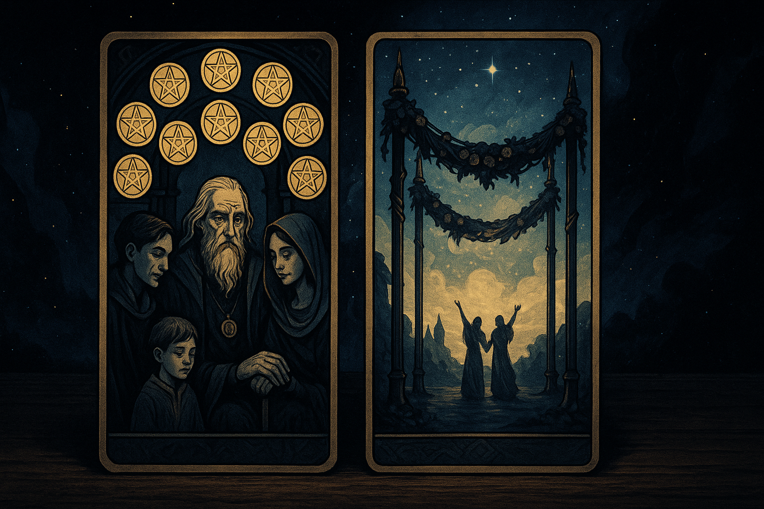 Ten of Pentacles tarot card showing a multigenerational family with coins overhead, placed next to Four of Wands card depicting figures celebrating under festive archway