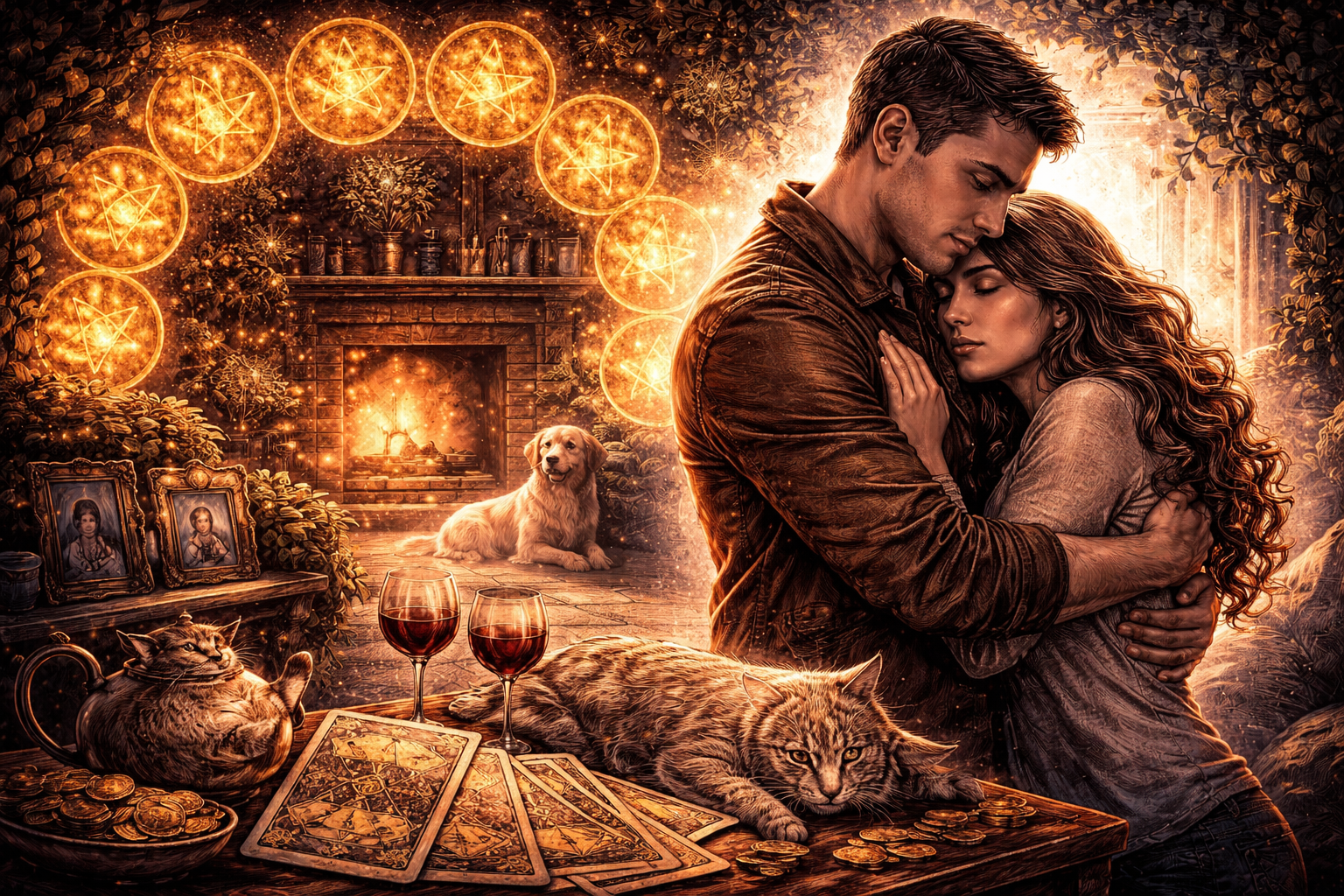 Ten of Pentacles tarot card showing a multigenerational family scene with ornate gold pentacles arranged in a tree pattern