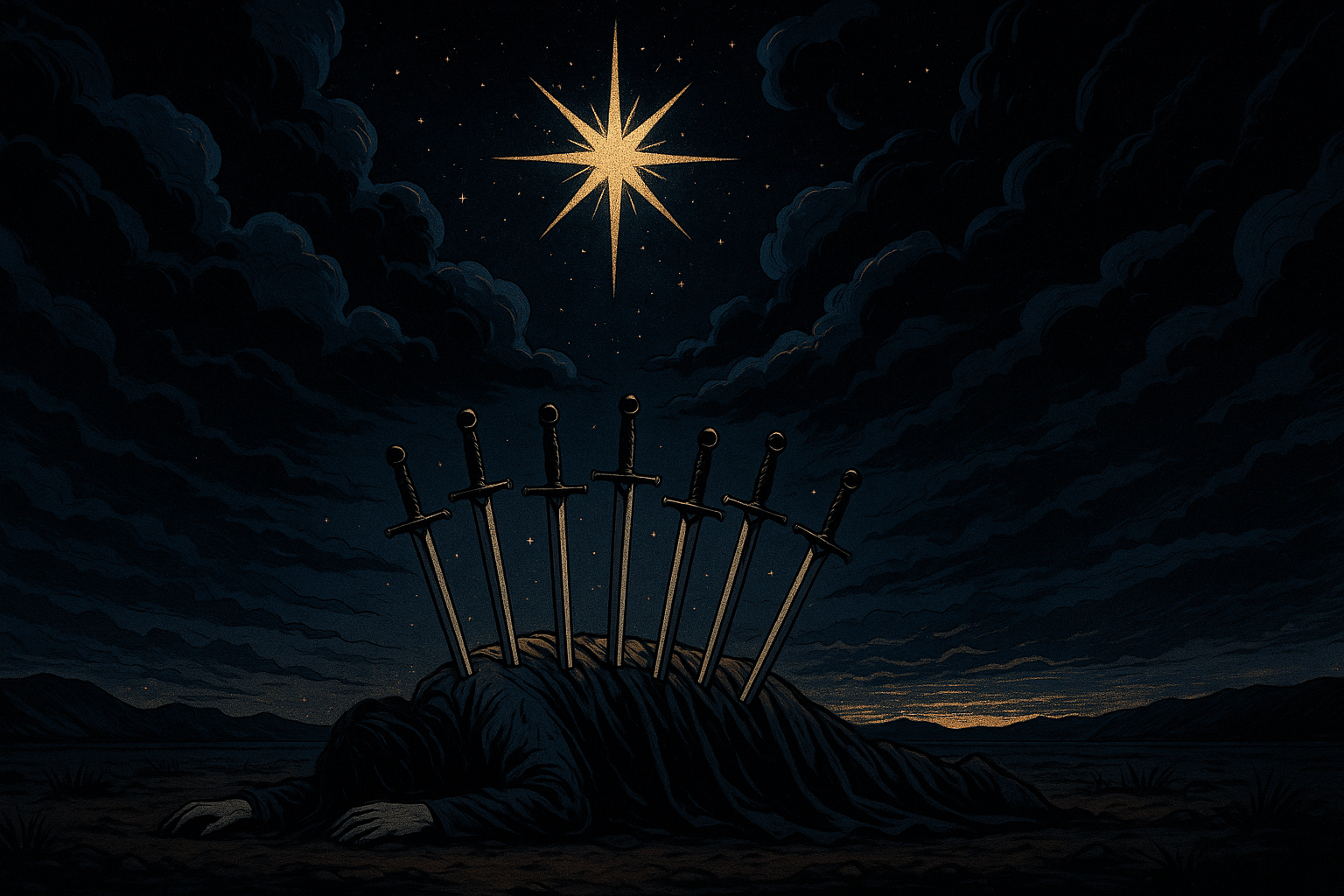 Ten swords piercing a figure under a dark sky, with a bright star shining overhead offering hope