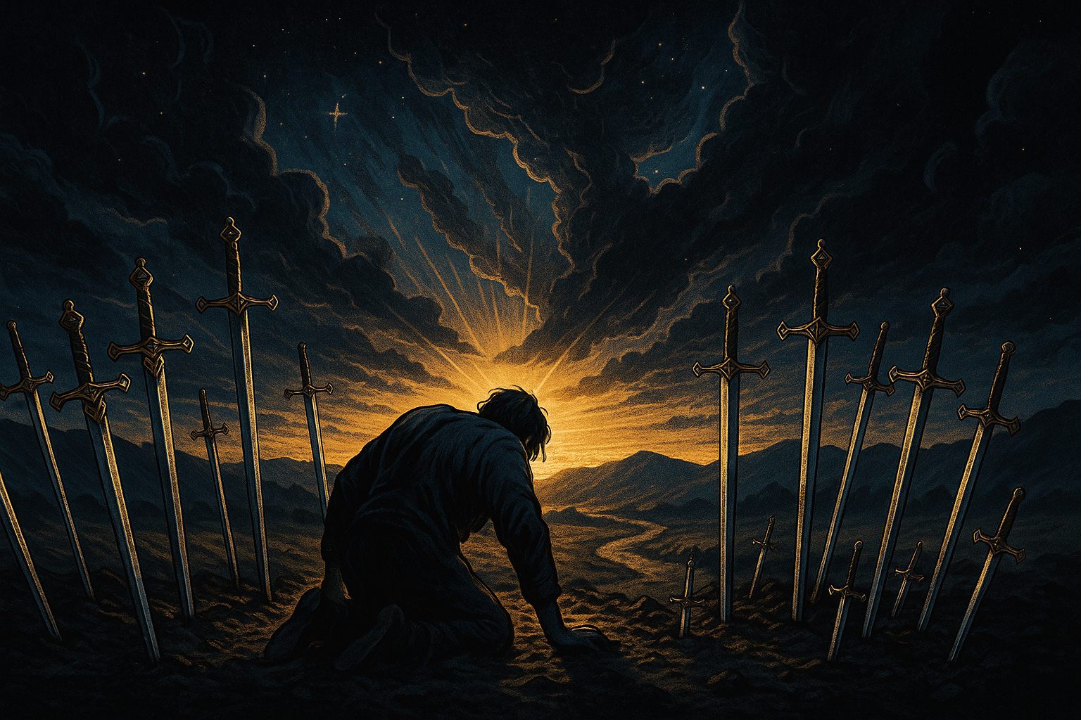 Person slowly standing up from the ground at dawn, ten swords scattered nearby, symbolizing recovery from rock bottom