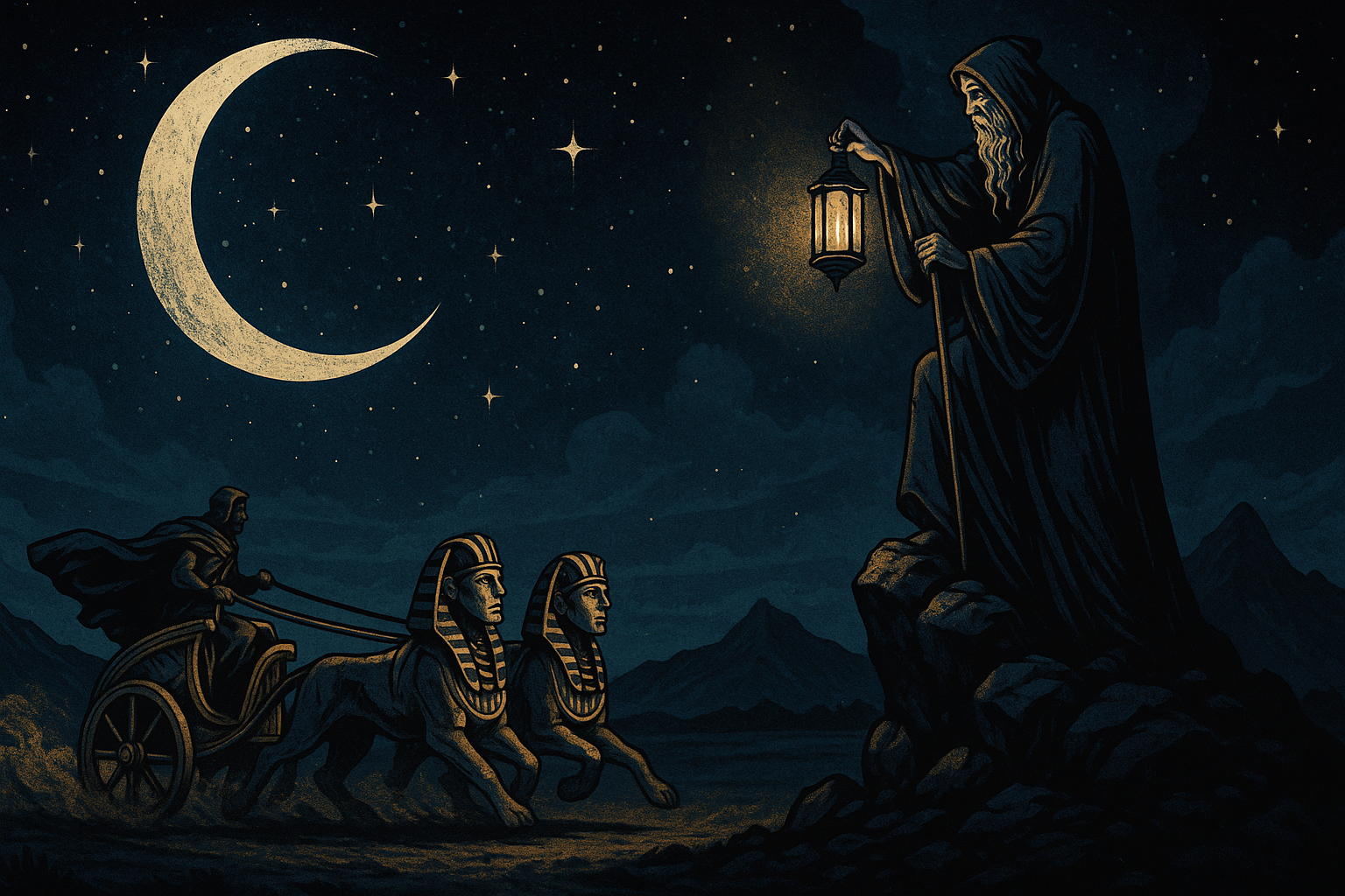 A chariot pulled by two sphinxes racing toward a mountain where a lone figure with a lantern stands contemplating