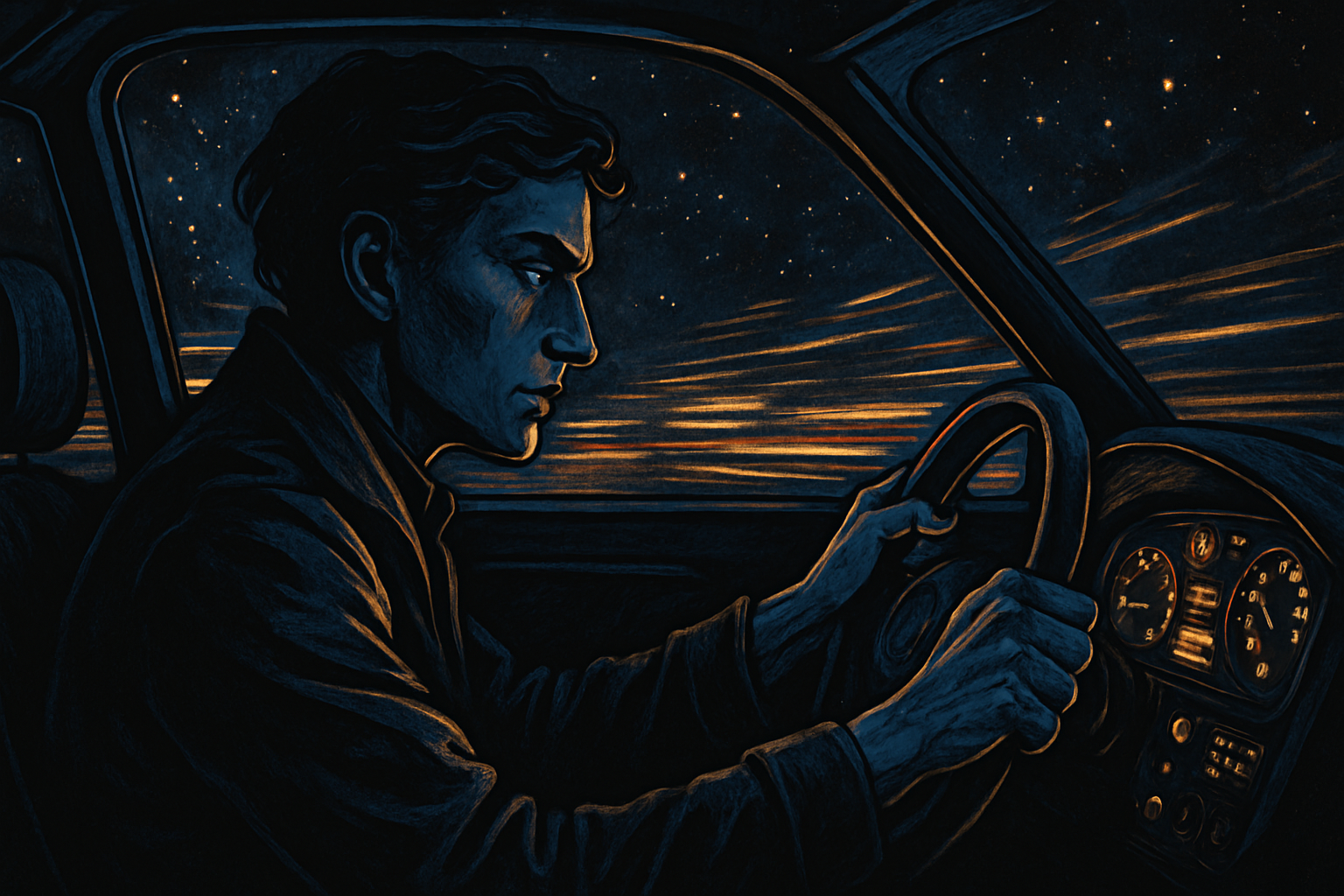 A determined person gripping a steering wheel with intense focus, city lights blurred in the background