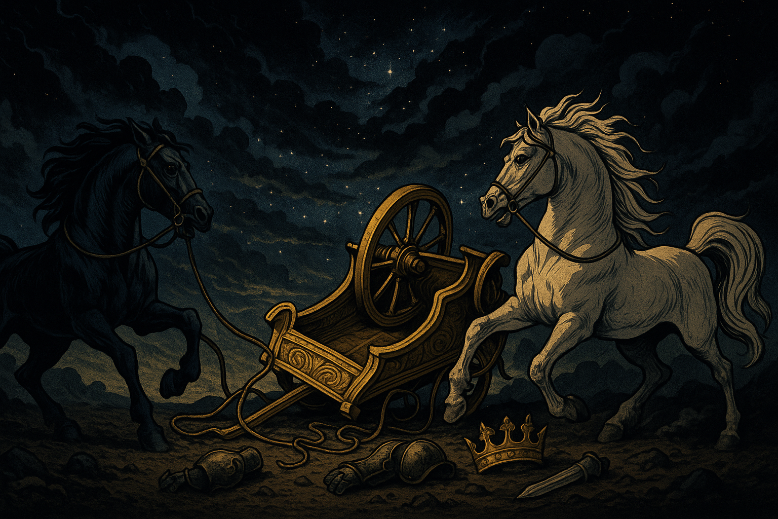 An overturned chariot with scattered reins, wheels spinning aimlessly, horses pulling in opposite directions against a cloudy sky