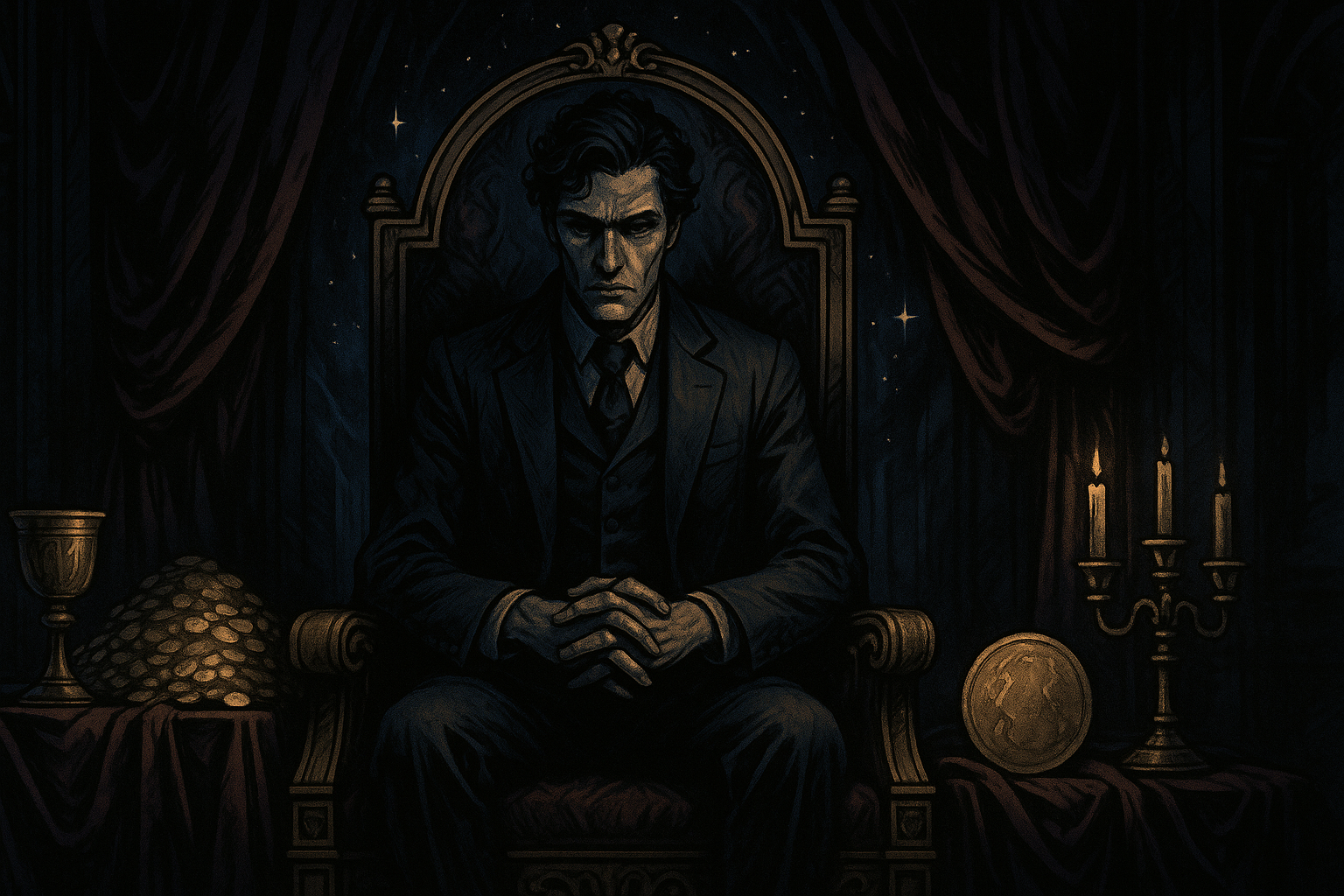 A person in shadows holding chains, representing The Devil card's themes of bondage and obsession