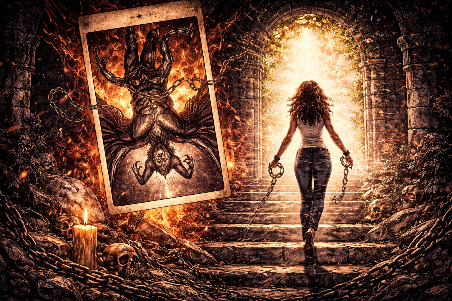 The Devil tarot card reversed showing broken chains and a figure stepping away from bondage in dark graphic novel style