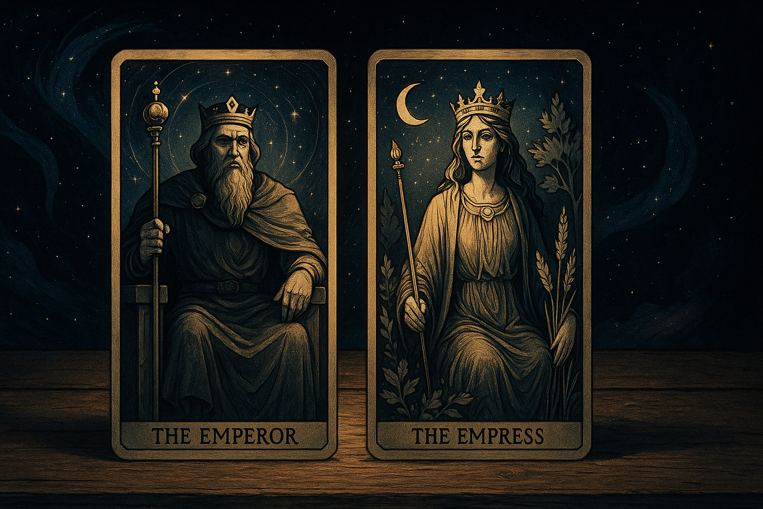 The Emperor and Empress tarot cards side by side showing masculine and feminine archetypes
