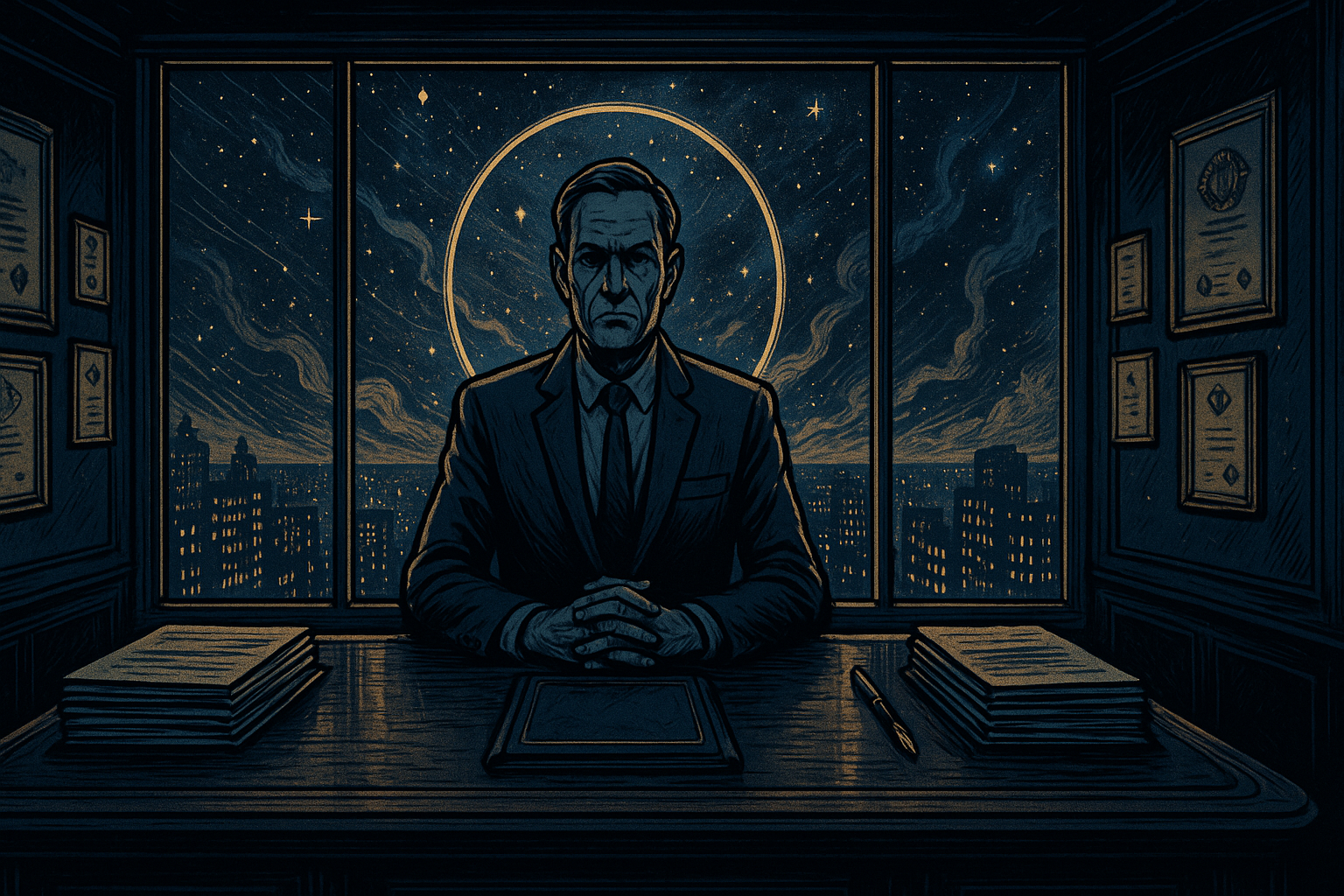 A stern figure in business attire sitting behind a large desk with organized papers and a rigid posture