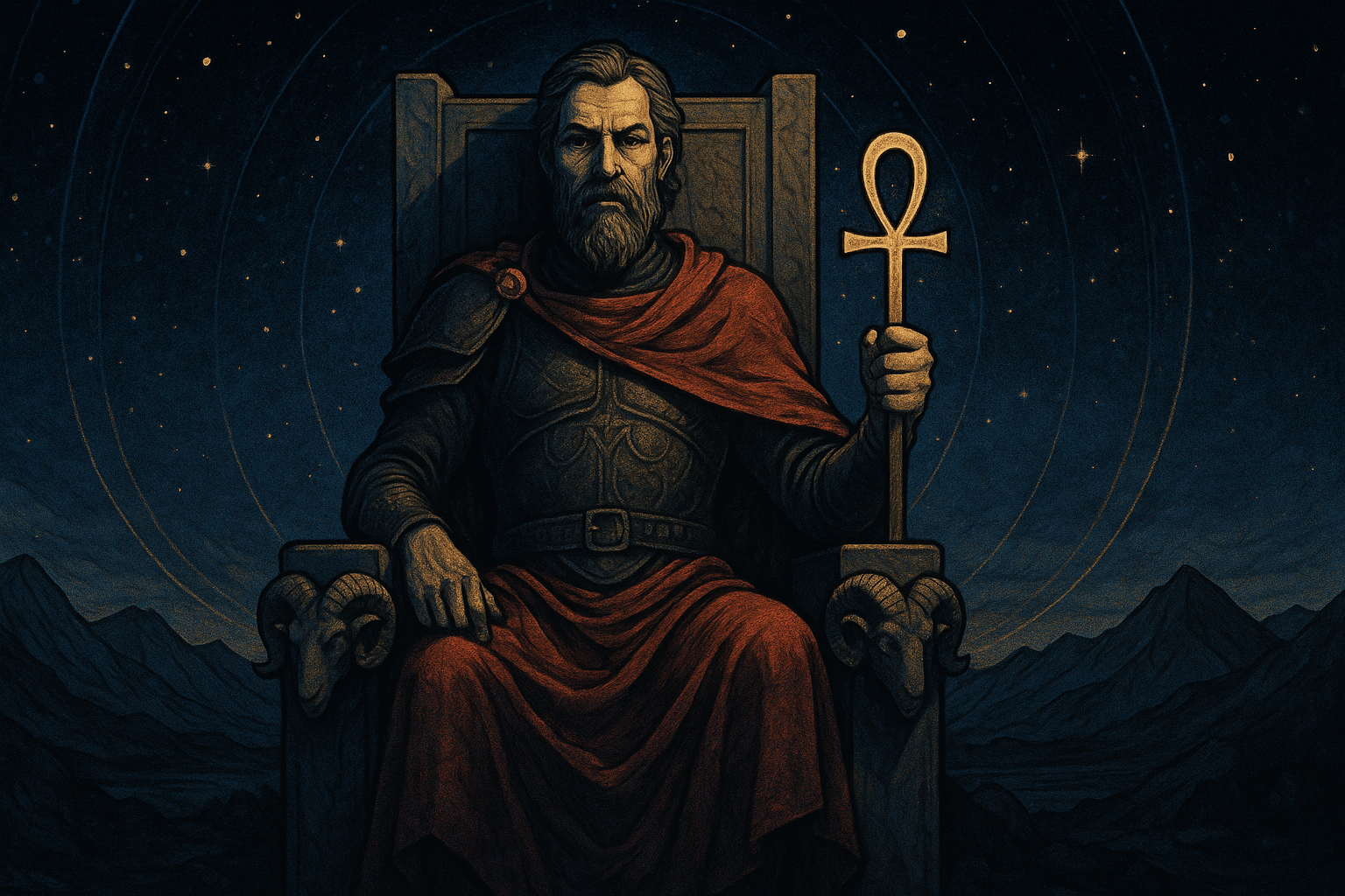 The Emperor tarot card showing a bearded figure on a throne with ram heads, representing authority and control in love