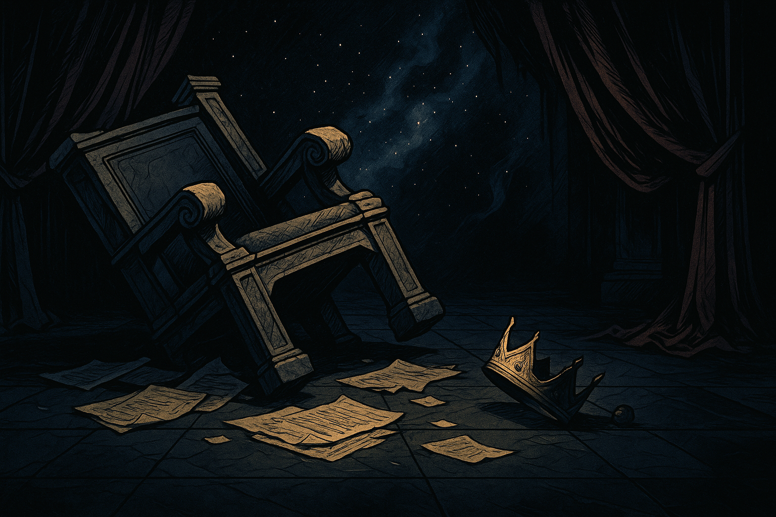 An overturned throne with scattered papers and broken crown pieces on stone floor