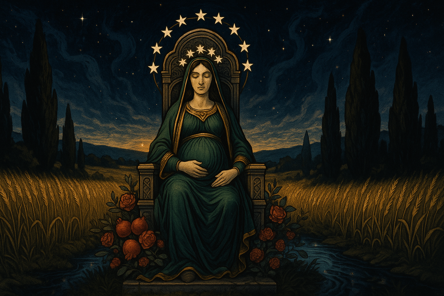 A pregnant woman in flowing robes sits on a throne surrounded by lush greenery, wheat fields, and blooming flowers under a warm golden sky