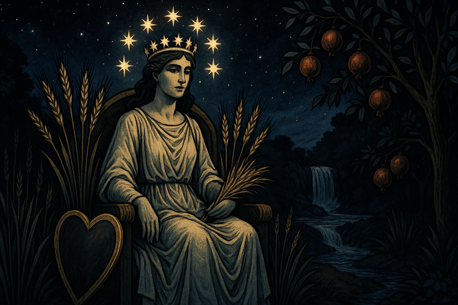 The Empress tarot card showing a woman in flowing robes surrounded by wheat fields and pomegranates, representing abundance and fertility in love