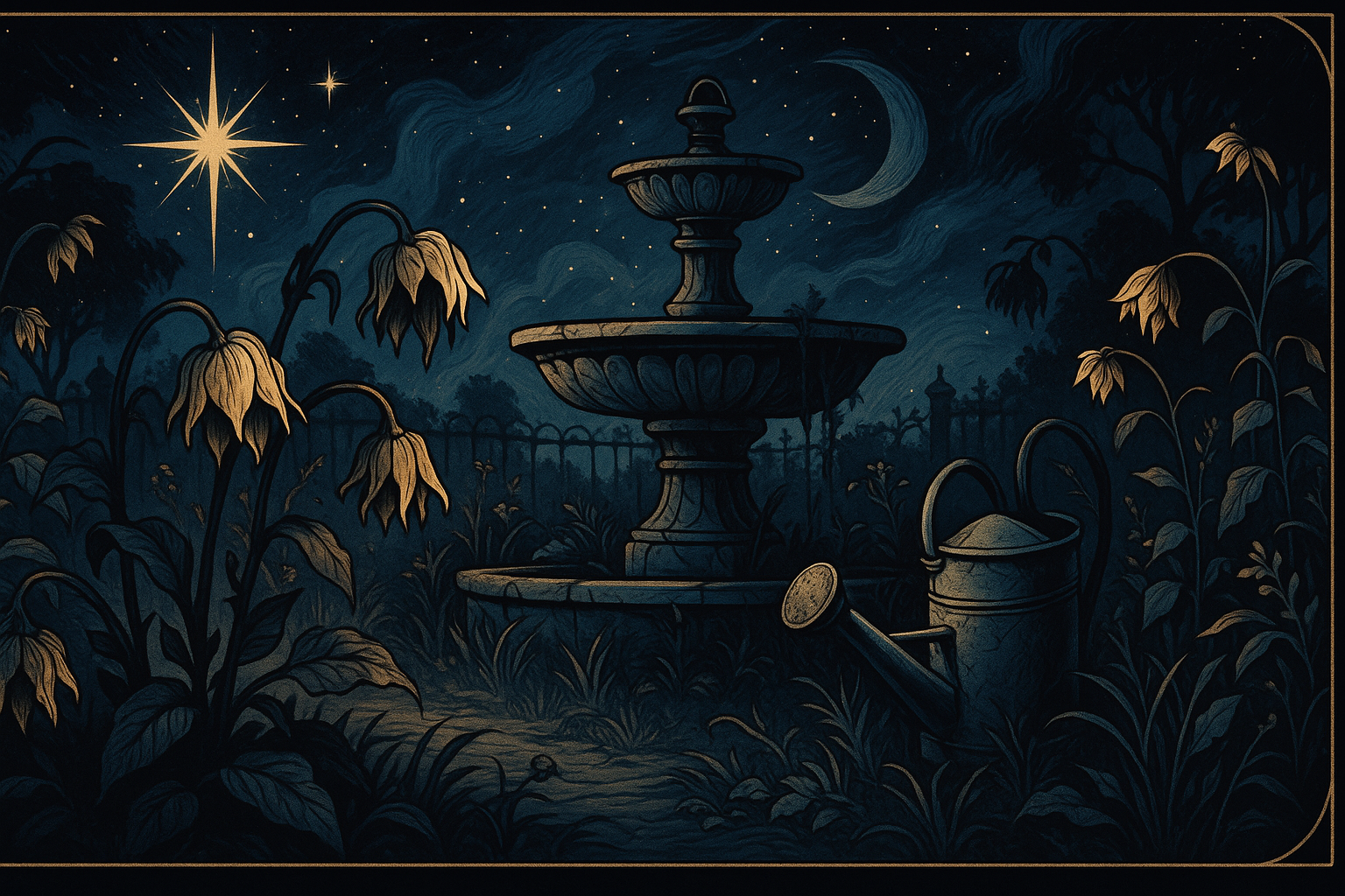 A wilted garden with drooping flowers and overgrown weeds, representing blocked creative energy and neglected artistic potential