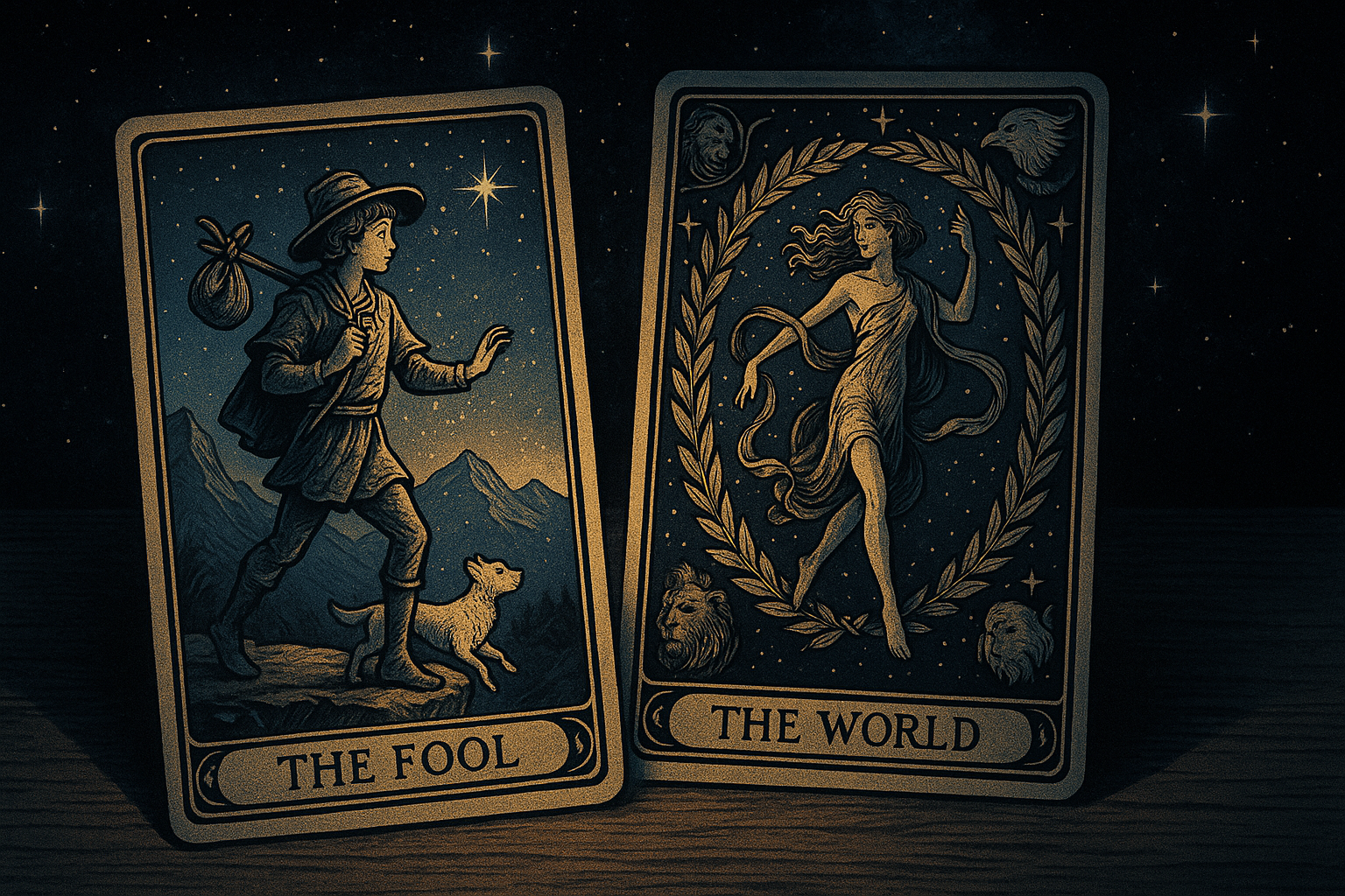The Fool tarot card next to The World card showing the complete journey from beginning to fulfillment