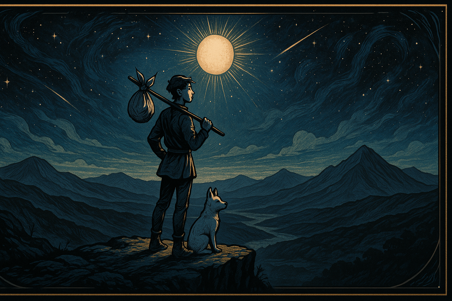 A person standing at the edge of a cliff with a small bag, looking out at an expansive landscape with mountains in the distance, representing the Fool's energy of new beginnings and adventure