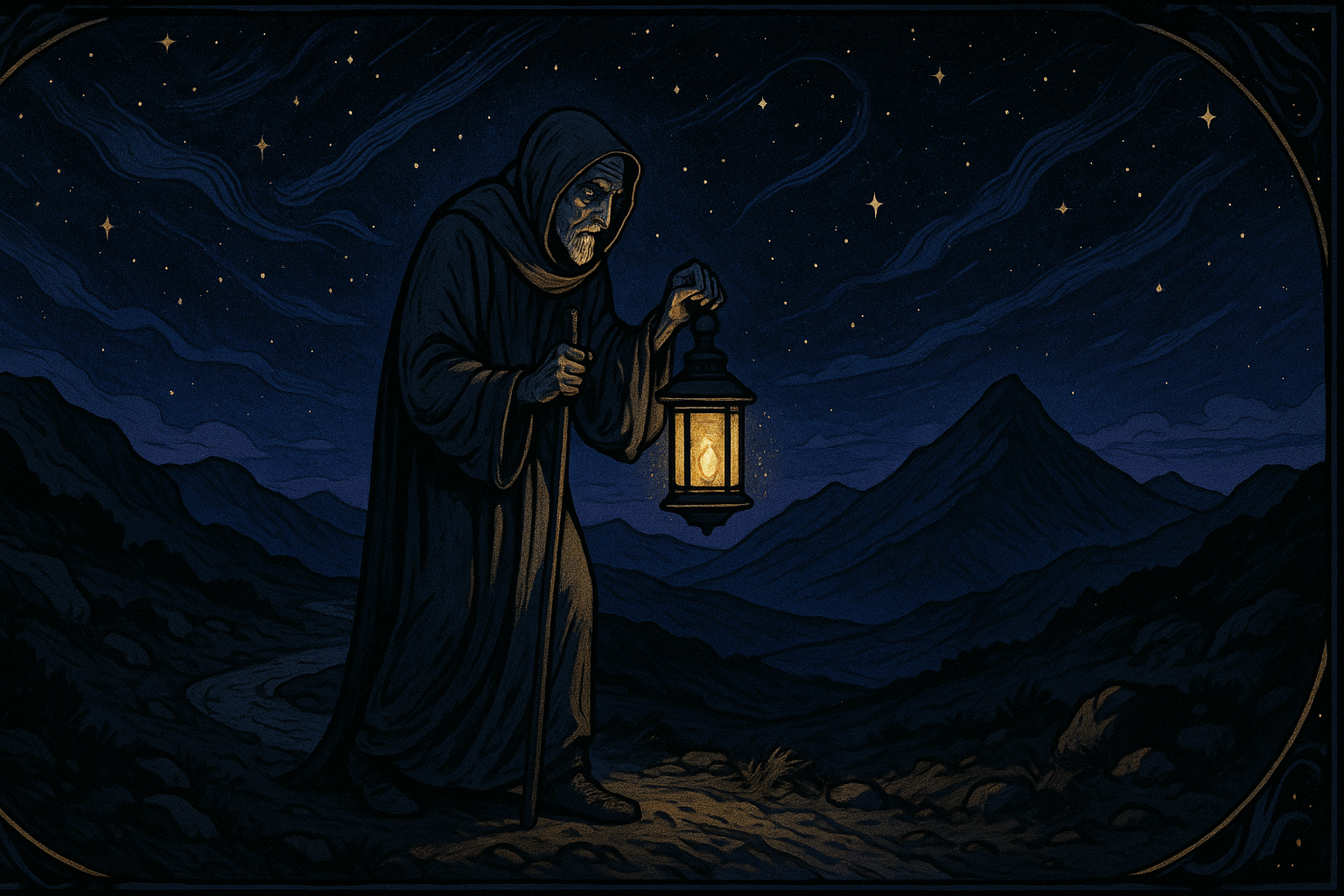 A solitary figure holding a lantern on a mountain path at dusk, representing The Hermit tarot card archetype