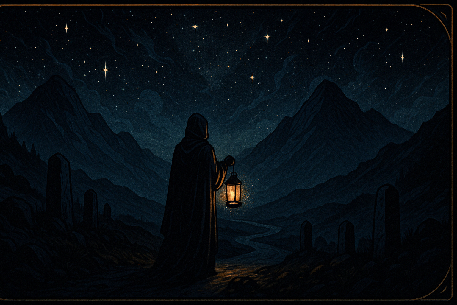 A lone figure holding a lantern walking away on a mountain path under a starry night sky