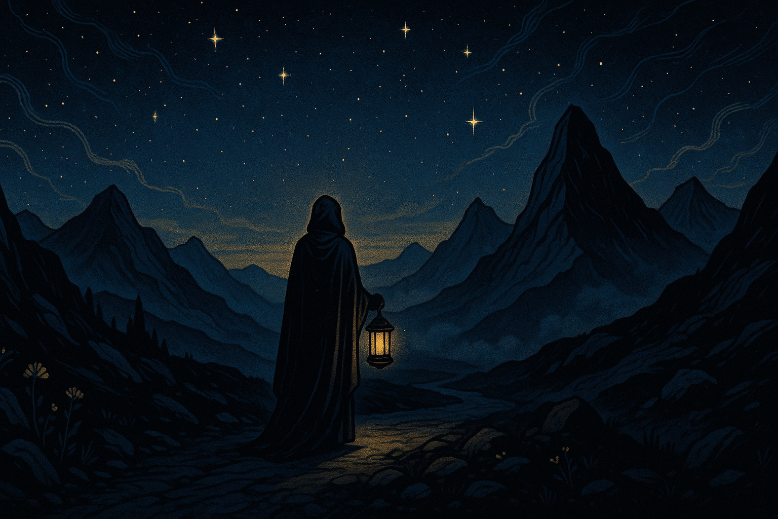 A solitary figure holding a glowing lantern on a mountain path under starlight, symbolizing inner guidance and self-reflection