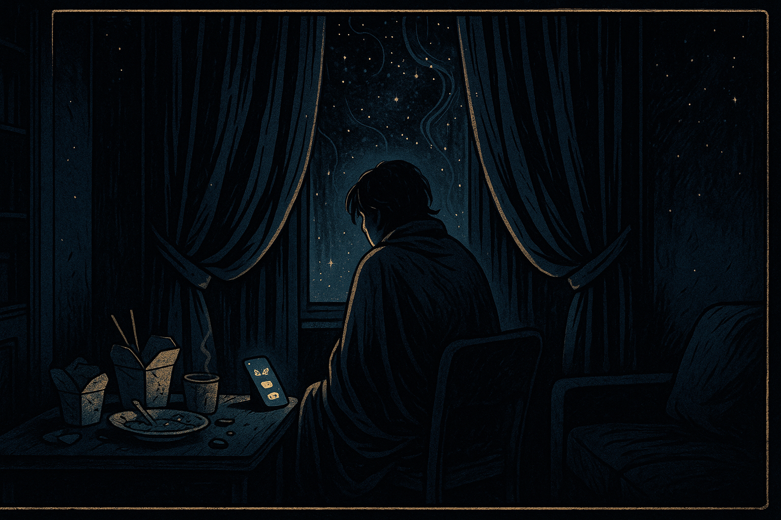 A figure hunched in a dark room with curtains drawn, smartphone glowing nearby showing missed calls and messages