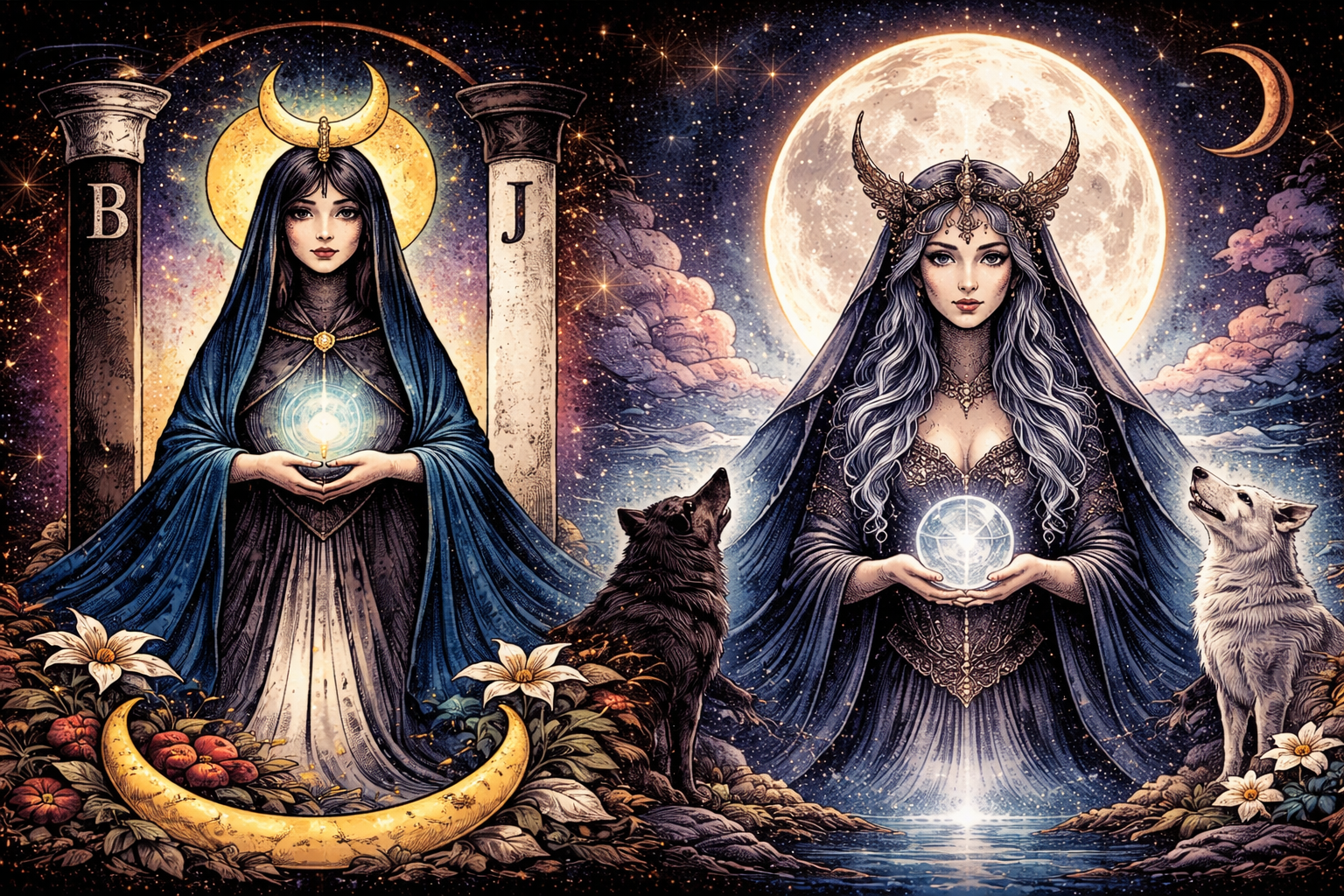 The High Priestess card and The Moon card side by side showing mystical feminine energy and lunar symbolism