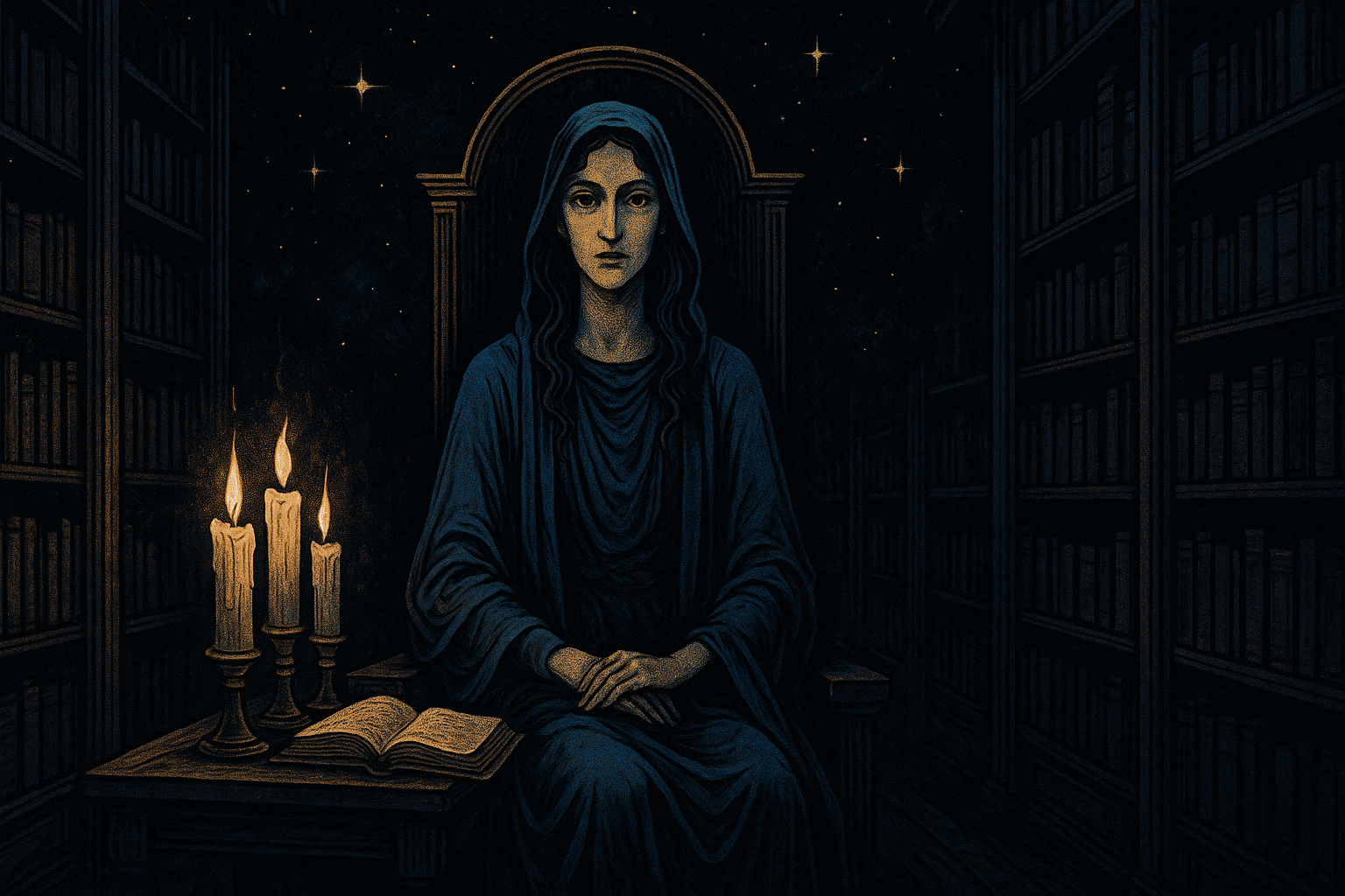 A woman sitting quietly in a dimly lit room with books and candles, wearing flowing robes, looking directly at the viewer with knowing eyes